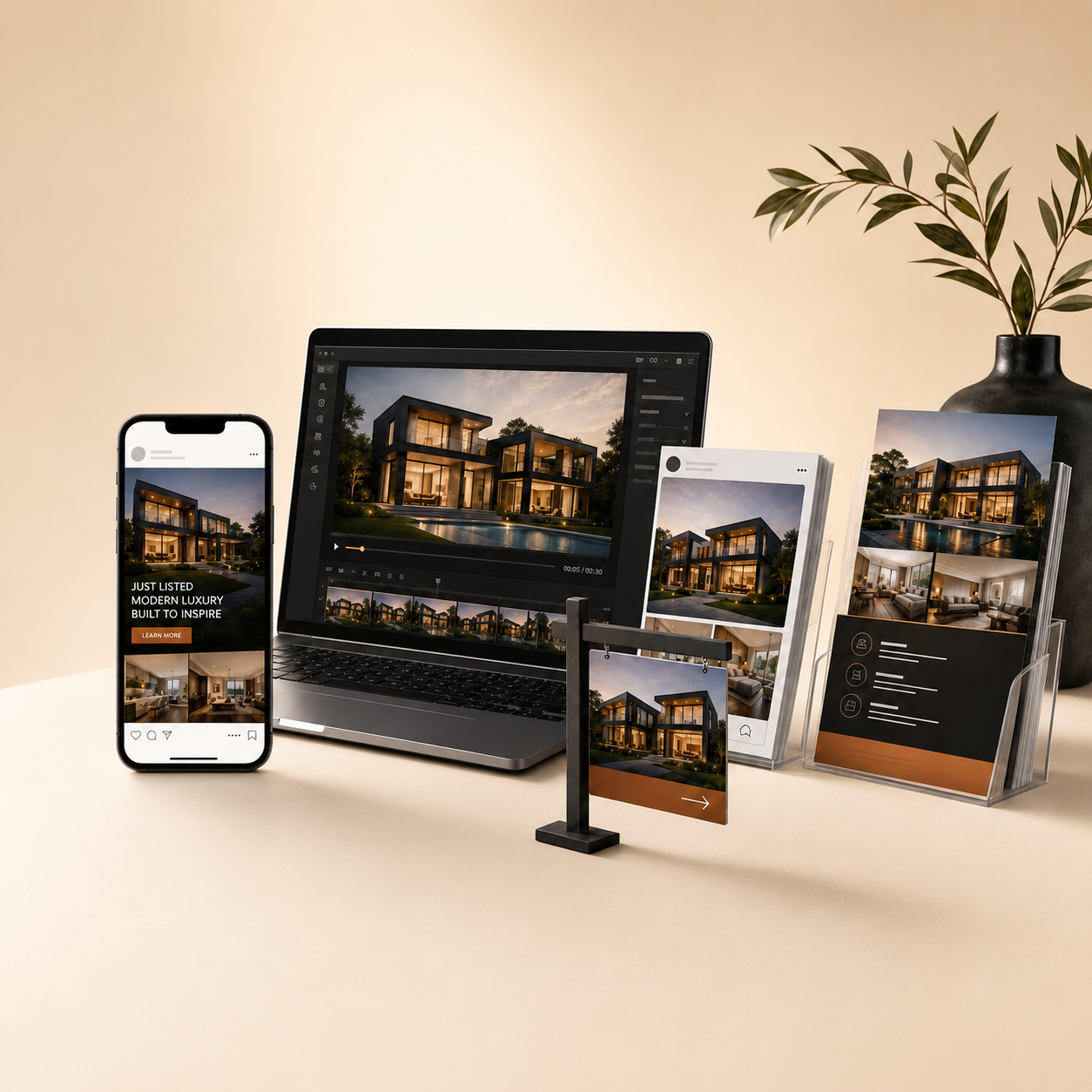 PropertySimple Packs — branded real estate marketing materials shown across web, mobile, and print