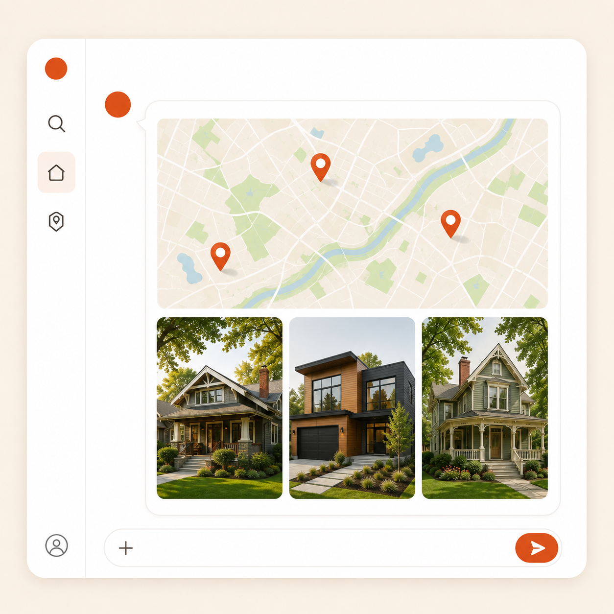 PropertySimple Search — a conversational property search experience with a map and listing results